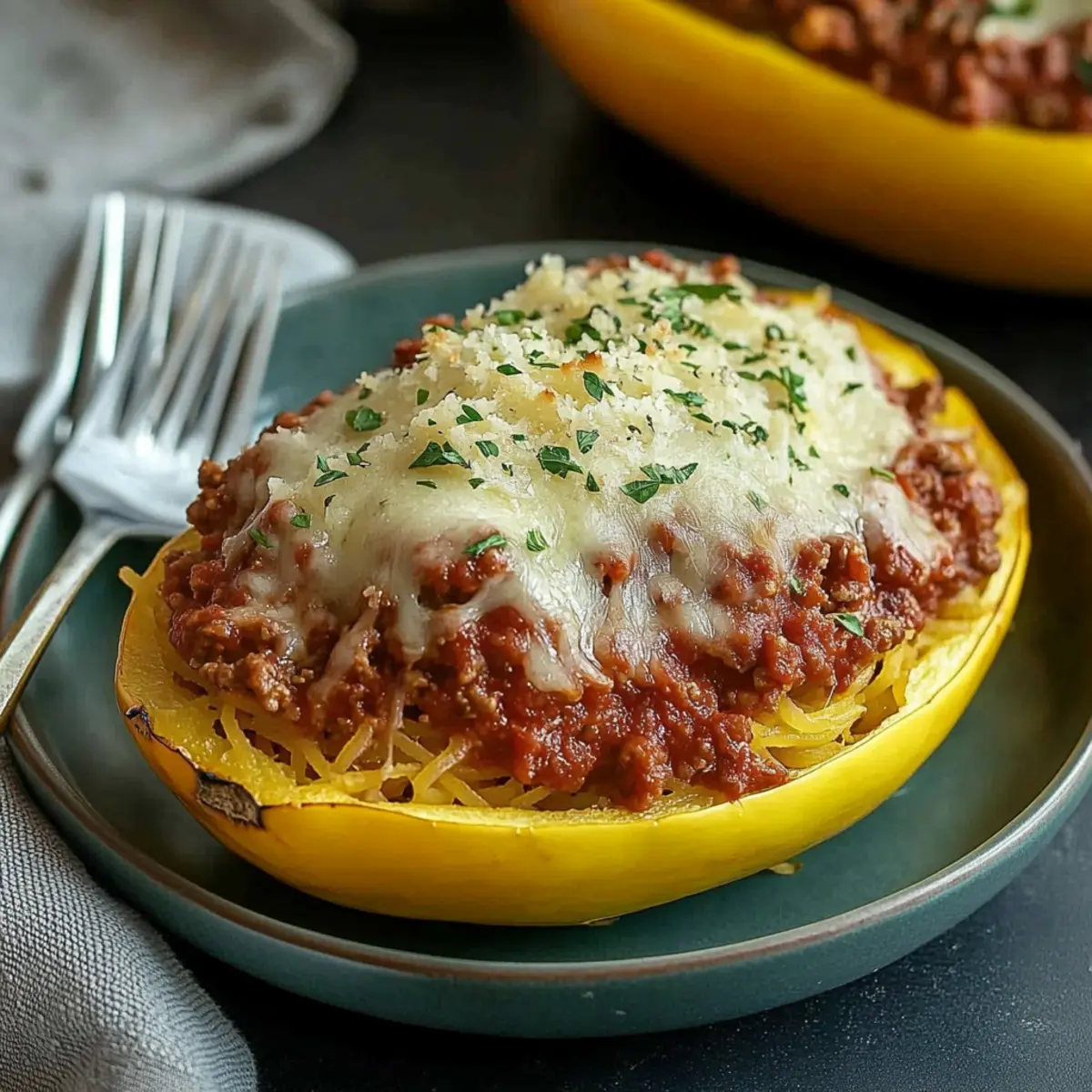 Cheesy Garlic and Herb Spaghetti Squash with Meat Sauce