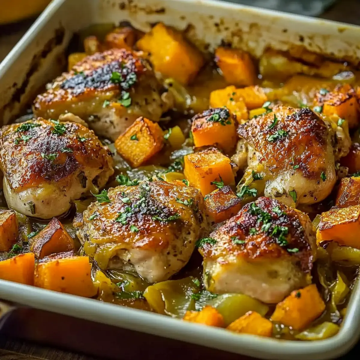 Roasted Chicken Leek and Butternut Squash Bake