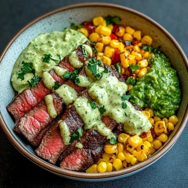 Steak Avocado Roasted Corn Bowl with Cilantro Sauce