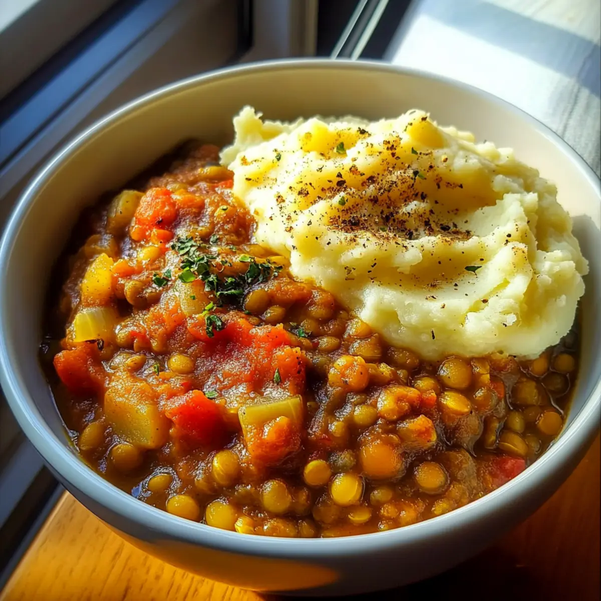 Hearty Lentil Stew & Creamy Mashed Potato Bowl