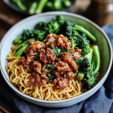 Savory Crispy Pork Dragon Noodles with Broccolini