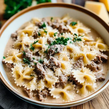 Creamy Parmesan Garlic Beef Bowtie Pasta