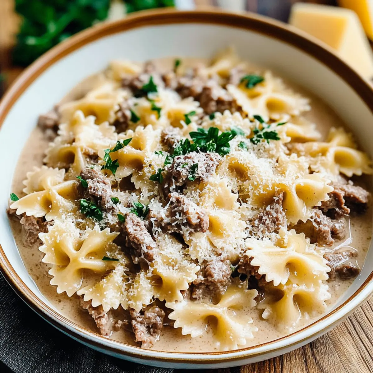 Creamy Parmesan Garlic Beef Bowtie Pasta